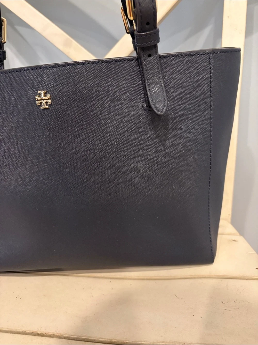 Tory Burch Navy Blue Leather Tote Bag